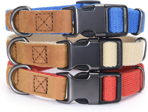 Mile High Life Dog Collars | Soft Cotton Collars with Heavy Metal Buckle | Classic Puppy Collar with Leather Tips