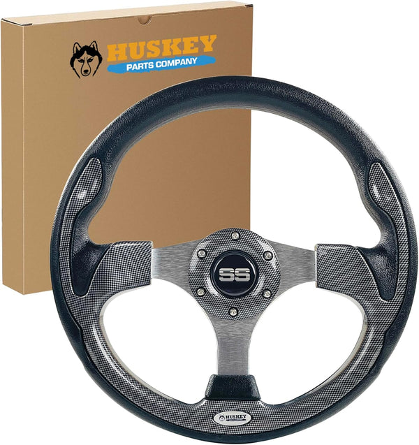 Huskey 12.5 Inch Racing Style Golf Cart Steering Wheel, Carbon Fiber, Compatible with Club Car/EZGO/Yamaha, Classic SS