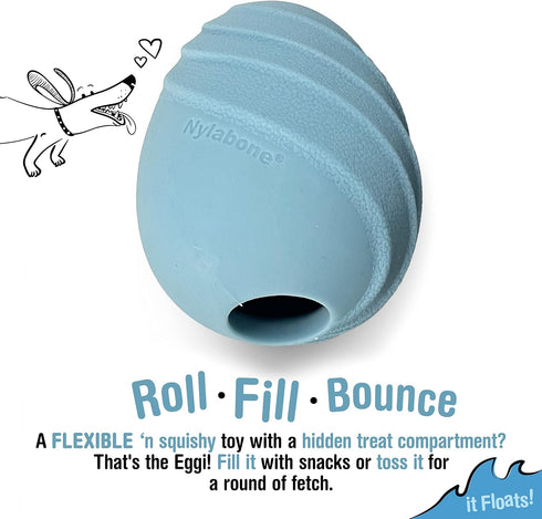 Nylabone Eggi Interactive Fillable Dog Chew Toy, Lightweight Bouncy Floatable Treat Toy for Large/Giant Dogs, Blue