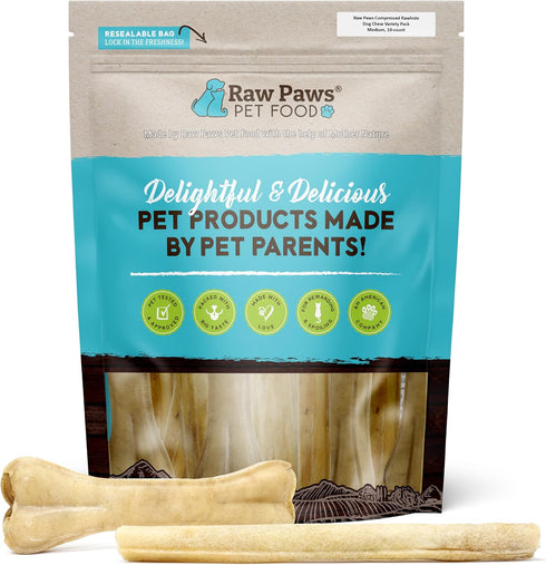Raw Paws Compressed Rawhide Dog Chew Variety Pack, 10 Pack - 10" Sticks & 6" Bones for Medium Dogs