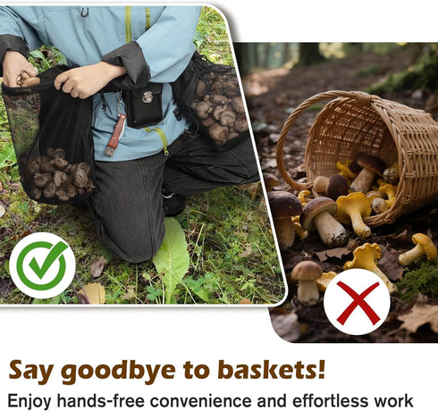 ProtectHobby 2 Mushroom Foraging Bag Kit with Adjustable Waistband - Folding Mesh Bags & Leather Tool Pouch, Suitable
