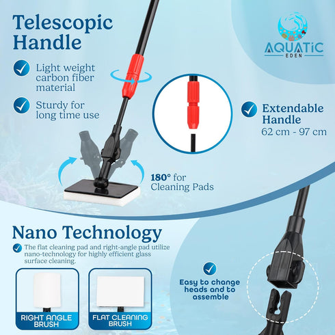 Aquarium Cleaning Tools 7 in 1, Fish Tank Cleaning Kit with Algae Scraper, Long Handle, Fish Net