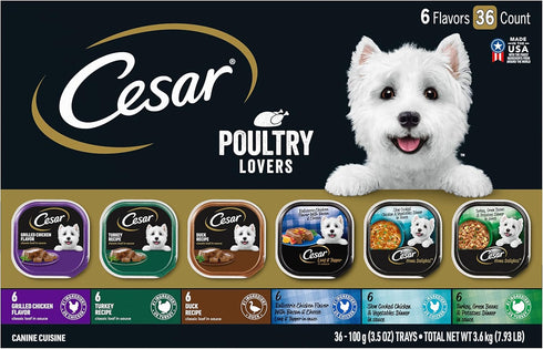 CESAR Adult Wet Dog Food Classic Loaf in Sauce, Poultry Lovers Variety Pack, 3.5 oz. Easy Peel Trays, Pack of 36