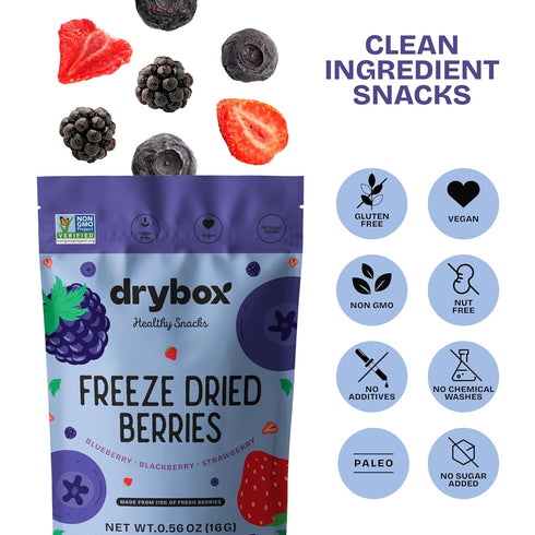 100% 0.56 oz 4 pack Drybox Freeze Dried Mixed Berries | Natural Fruit | Freeze Dried Berry Source | No Sugar