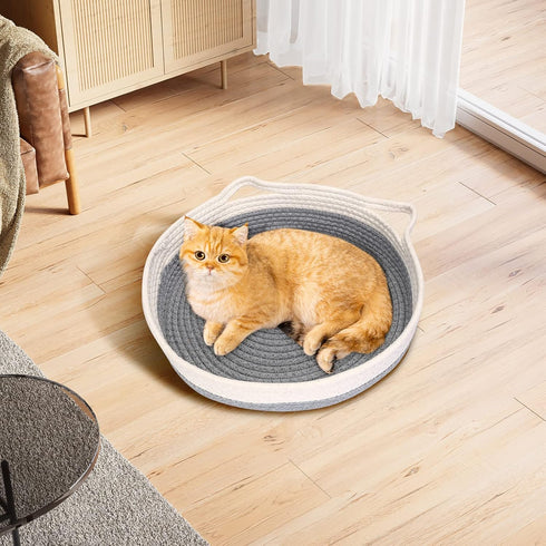 Cotton Rope Woven Cat Bed Basket, Small Dogs Sofa Bed with Double Sided Mat, 14"x14"x4", Washable Round Bed