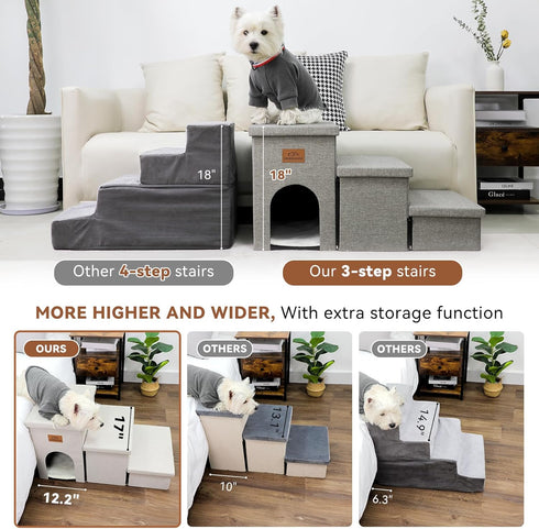 Dog Stairs for High Beds, Folding Pet Stairs with Storage, 3 Steps for Small Medium Dogs, Smok Grey, Holds 200 lbs