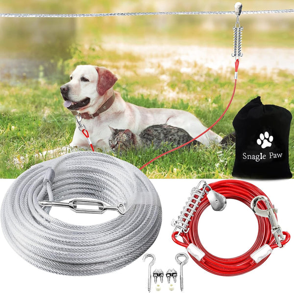 Dog Tie Out Runner for Yard, Heavy Duty Trolley System for Large Dogs, 120ft Cable Lead with 10ft Pulley for Dogs Up to