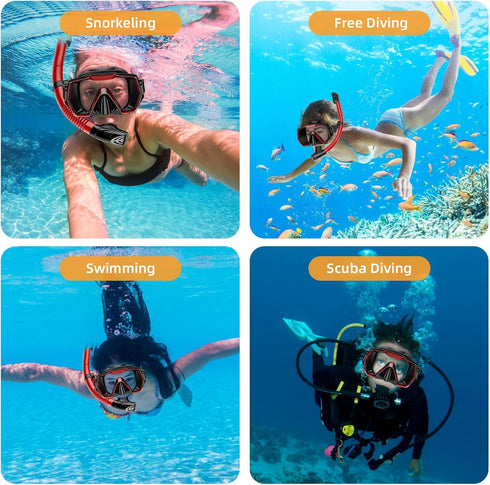 Snorkel Set for Adults, Anti-Leak and Anti-Fog Tempered Glass Lens Snorkeling Gear