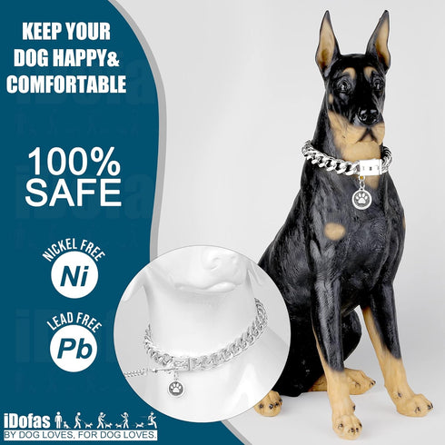 Chain Dog Collar - 15mm Silver Cuban Link with Snap Buckle, Silver Plated Stainless Steel, Includes Dog Tag & Bell (24")