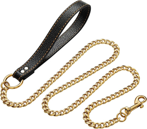 4.3 FT Gold Chain Dog Leash with Comfortable Padded Traffic Handle for Small Medium Large Dogs, Heavy Duty