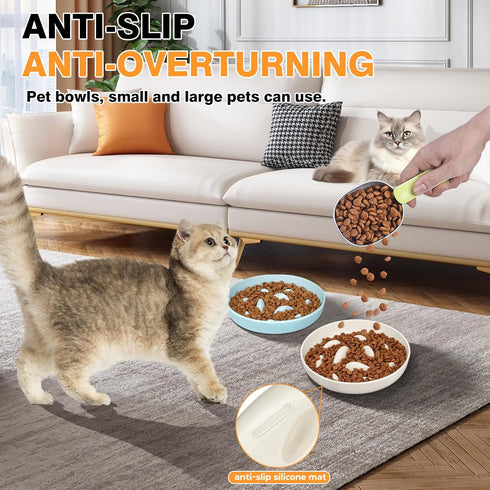 2PCS Cat Slow Feeder Bowl with Fish Pool Design, Interactive Puzzle Dish for Healthy Eating, Non-Slip Cat Bowl