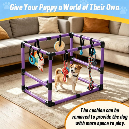 Bullro 8 Hammock Purple Puppy Play Gym with Hanging Toys, Dog Jungle Gym Indoor with and Funny Enrichment Toys, PVC