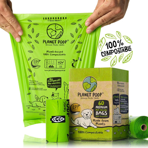 PLANET POOP Home Compostable Dog Poop Bags, 60 Premium Un-Scented Pet Waste Bags on Refill Rolls, Thick Leakproof