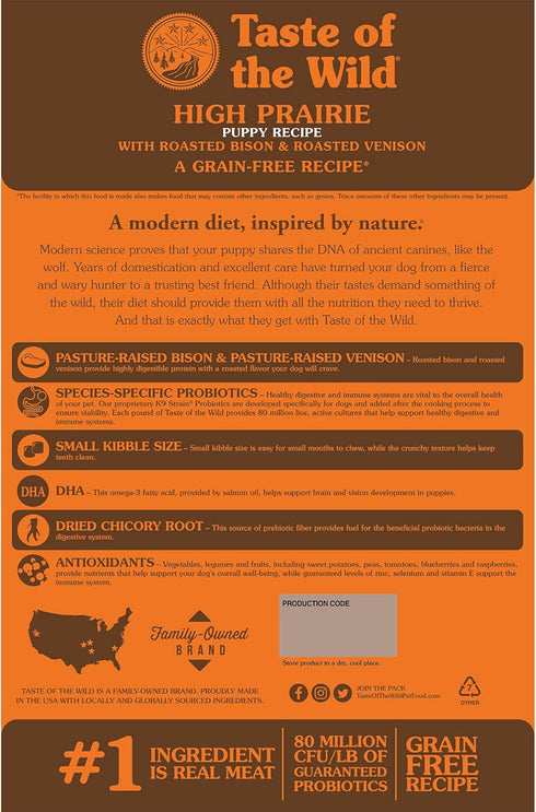 Taste of the Wild Grain Free High Protein Real Meat Recipe High Prairie Puppy Premium Dry Dog Food, 5lb