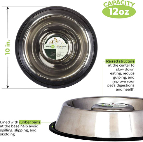 Iconic Pet Set of 2 Stainless Steel Anti-Skid Slow Feed Bowls for Small Dogs (12 oz) - Ideal for Food and Water, Durable Design with Raised Center , Black
