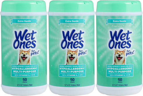 Wet Ones for Pets Multi-Purpose Dog Wipes - Fragrance-Free, Vitamins A, C & E - 50 Count Canister - 3 Pack