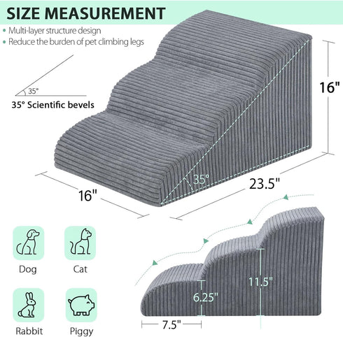 Dog Stairs & Steps for High Beds, 3 Steps High Density Foam Waterproof Ramp for Small Dogs and Cats, H:16"