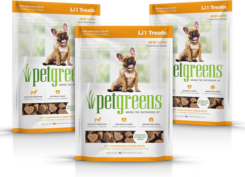 Pet Greens Natural Soft-Chew Dog Treats, Infused with Supergreens, 3 Pack, Bacon and Cheese, 6 oz Each