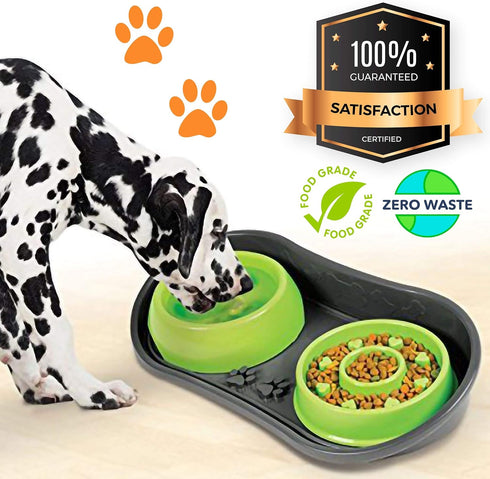 Non-Skid Pet Bowl Tray with 2 Slow Down Bowls Set - For Small to Medium Dogs