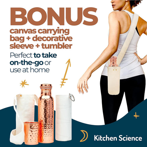Pure Copper Water Bottle (34oz/1000 ml) with Copper Tumbler, Carrying Bag & Deco Sleeve, Lab-Tested, Leak-Proof