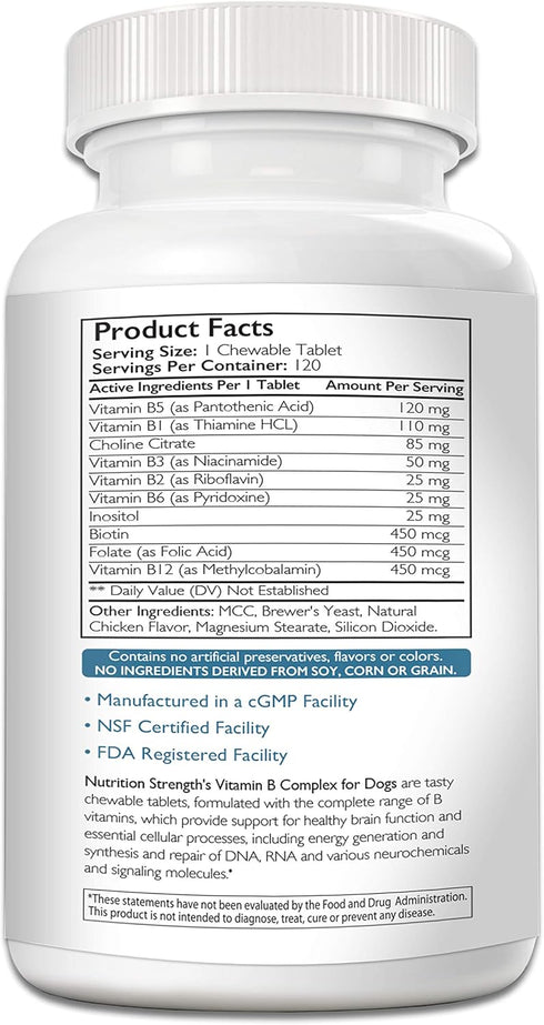 Vitamin B for Dogs, Complete B Complex for Blood Cell & Nervous System Health, 120 Chewable Tablets