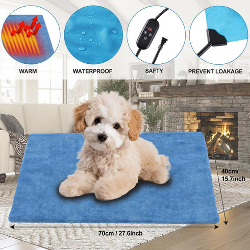 Pet Heating Pad for Dogs, Waterproof Electric Heated Pad Mat for Cats, Chew Resistant Cord, 5 Timer Levels, 15.7x27.5