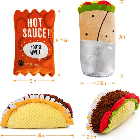 PrimePets Funny Dog Toys Set, 3 Pack Plush Squeaky Crinkle Toys for Small Medium Large Dogs (Burrito, Taco, Sauce)