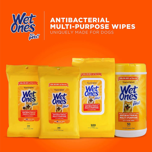 Wet Ones Multi-Purpose Dog Wipes with Aloe Vera, 50 Ct Cannister for All Dogs in Tropical Splash