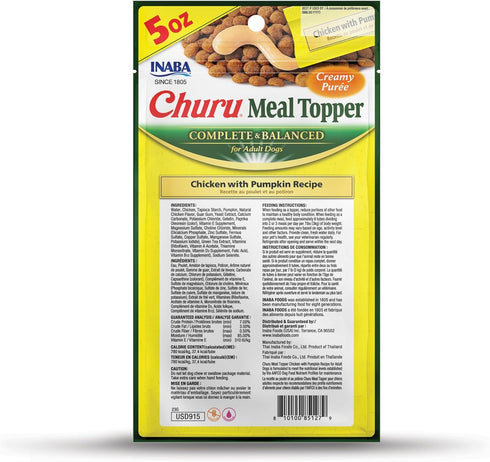 INABA Churu Meal Topper for Dogs, Creamy Lickable Purée, 1.69 Ounce Tube, 18 Tubes (3 per Pack), Chicken with Pumpkin