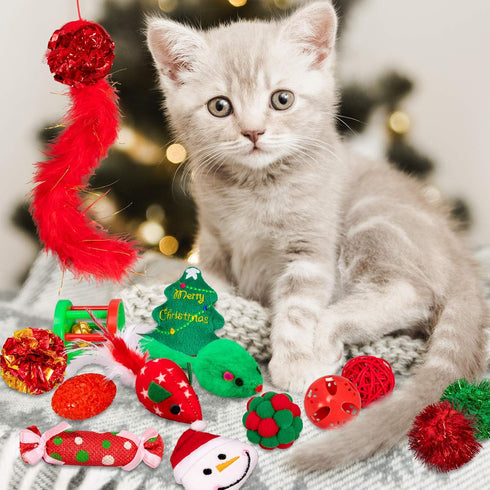 Whaline 17pcs Christmas Cat Toys - Stocking Cat Stick, 7 Cat Playing Balls, 2 Mice Plush, Snowman & Christmas Tree