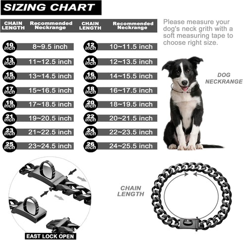 Dog Chain Collar with Secure Buckle, 19MM Black Cuban Link, Heavy Duty Chew Proof Walking Training Collar (19MM, 24")