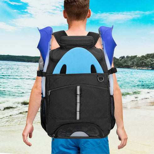Swim Backpack for Swimmers, Equipment Bag with PVC Transparent Bag for Workout Gear, Black