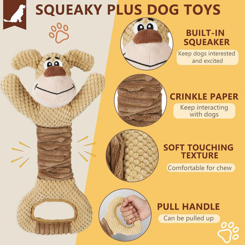 Plush Squeaky Dog Chew Toy with Crinkle Paper, Tough Tug of War Toys - Interactive Dog Toys for Small, Medium, Large