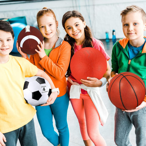 4 Set Deekin Pcs Sport Balls for Kids Teens, Include Official Size Basketball Soccer Football Playground Ball and Pump
