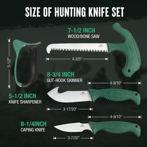 Mossy Oak 4 Pcs Field Dressing Kit, Hunting Knife Set with Gut-Hook Skinner, Caping Knife, Saw, Sharpener for Deer