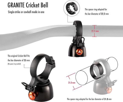 Granite Cricket Mountain Bike Bell, Single-Strike and Constant Cowbell Modes for 22.2mm to 35mm Handlebars