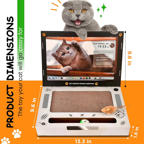 Cardboard Scratching Laptop for Cats with Toy Plush Fluffy Mouse & Bell Ball 3-in-1 Durable Corrugated Cardboard Cat Scratcher Scratching Exercise Toy Pad Interactive Activity Center for Cats