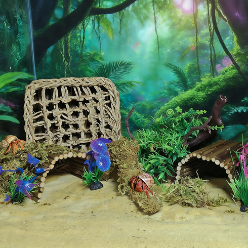 Hammock,Reptile Hermit Crab Accessories, Hermit Crab Climbing Toys,Flexible Moss Pole with Wood Bridges Reptile Tank