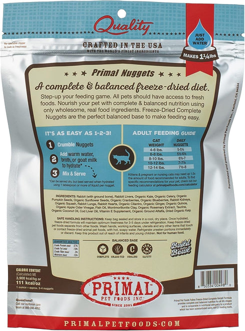 Primal Freeze Dried Cat Food Nuggets Rabbit; Complete & Balanced Meal or Topper; Premium, Grain Free, High Protein