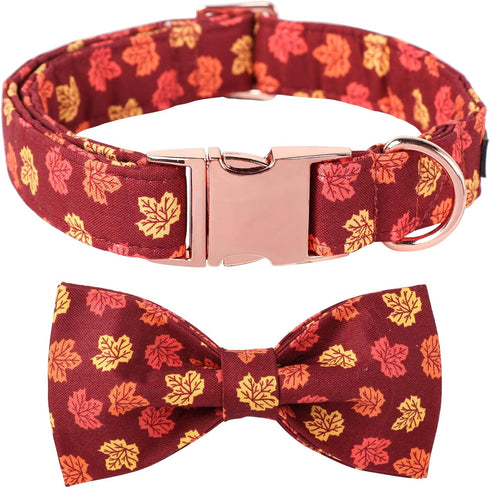Maca Bates Fall Dog Collar with Bow Tie for Dogs, Adjustable Breakaway Collars with Autumn Leaves, Birthday Gift for