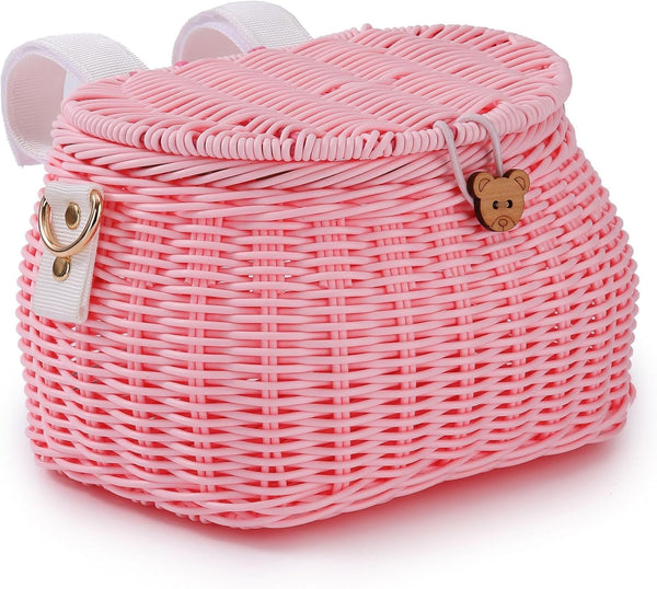 Kids Bike Basket Set, Handwoven Rattan Basket for Bike Scooter Tricycle with Lid and Shoulder Strap