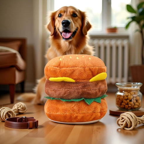 Tnyvm Hamburger Shape Dog Plush Squeaky Toy, Dog Squeak Toy for Pet Biteable Plush Chewing Squeeze Hamburger Bone Toy