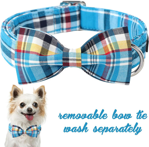 Unique Style Paws Plaid Dog Collar with Bow - Adjustable Soft and Comfy Bowtie Collars for Small Medium Large Dogs