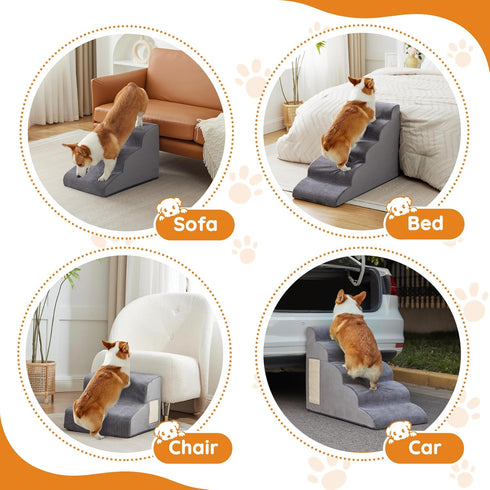 Dog Stairs for Small Dogs, 3-Step Curved Ramp for Bed, Couch, Sofa, Car, Non-Slip Bottom Design, Grey