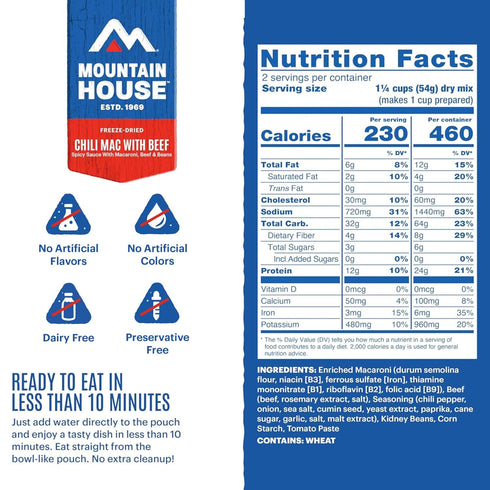 2 30-Year 2-Pack Mountain House Chili Mac with Beef | Freeze-Dried Food for Camping, Servings, Shelf-Life