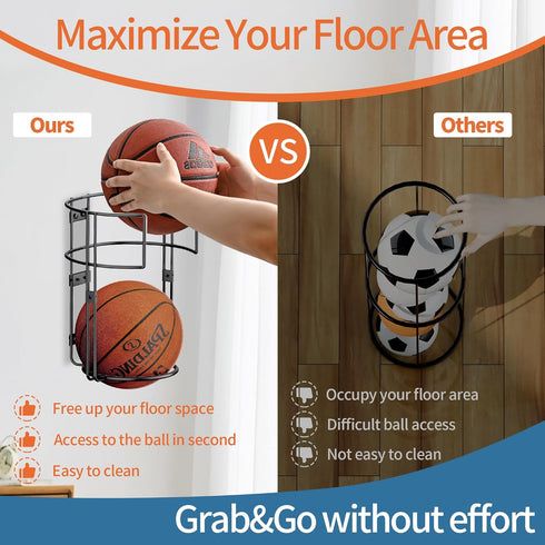 Vertical Ball Rack, Durable Wall Mount Ball Holder for Garage, Indoor or Outdoor Basketball Storage Organizer for 2