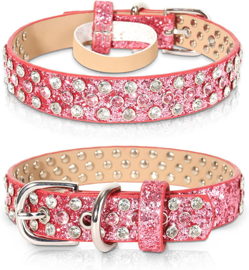 Rhinestone Leather Dog Collar - Bling Collars for Small Medium Large Dogs - Soft Microfiber Leather with Adjustable