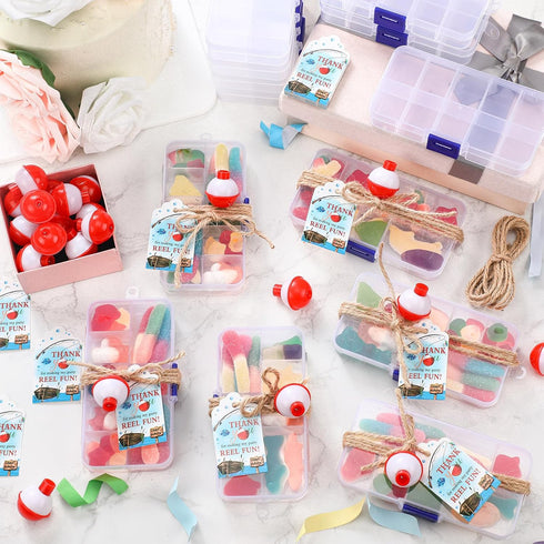 48 Sets Wonderjune Fishing Party Favors Candy Little Tackle Boxes with Red White Floater Thank You Cards for Making My