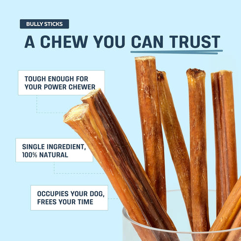 12 12 Count, 100% Big Lu - Bully Sticks, Long-Lasting, Grass-Fed Beef Chews for Medium and Large Dogs, Natural