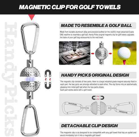 Handy Picks Magnetic Clip for Golf Towel, Mini Metal Golf Ball Design with Strong Magnet for Golf Cart